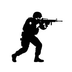 Silhouette of a soldier aiming a rifle, tactical gear, combat stance, military action