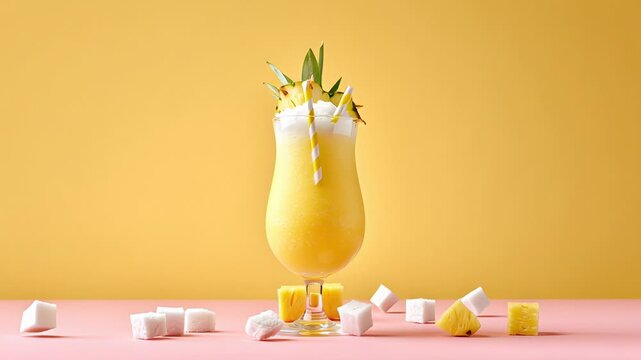 Refreshing pineapple juice splash with ice cubes and sugar on yellow background