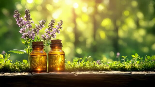 Sunlit Amber Elixir Bottles with Lavender Sprigs Amidst Lush Greenery and Bokeh