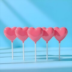 pink heart shape lollipops with blue pastel background