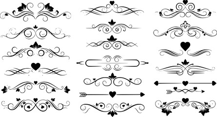 Black silhouette vector set of decorative heart shapes crowns swans and floral ornaments elegant symmetrical design elements for wedding invitations romantic style © farah