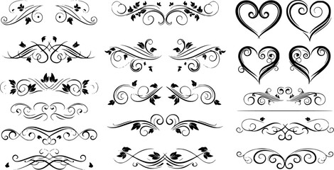 Black silhouette vector set of decorative heart shapes crowns swans and floral ornaments elegant symmetrical design elements for wedding invitations romantic style © farah