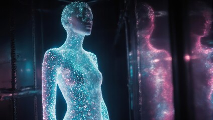 Naklejka premium Glowing, digital woman in display case