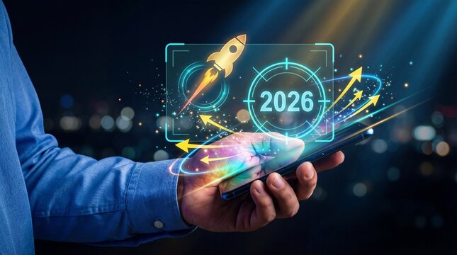 Hand holding smartphone with holographic rocket launch, 2026 new year, startup growth, business goals, future planning, innovation concept, light rays background
