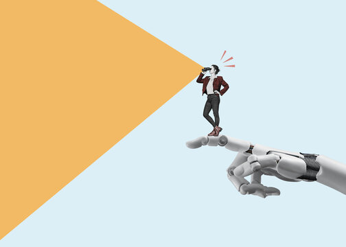 Signpost - a ai robot hand shows the business woman with binoculars where to look. Business analytics and strategic. Find a way.