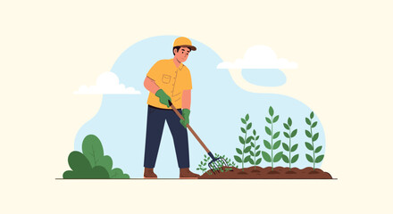 Farmer or gardener man using a pitchfork to cultivate soil and plants in field with soft blue clouds background.