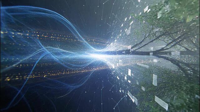 Futuristic digital grid energy flow abstract technology merging with data streams, creating wonder and innovation information