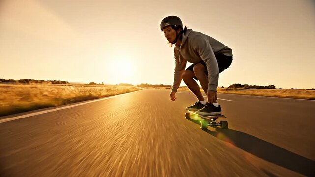 Skateboarder longboarding fast on empty country road at sunset, cinematic golden hour action sports lifestyle