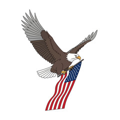 Fototapeta premium Majestic Bald Eagle Soaring with American Flag, Symbol of Freedom and Patriotism