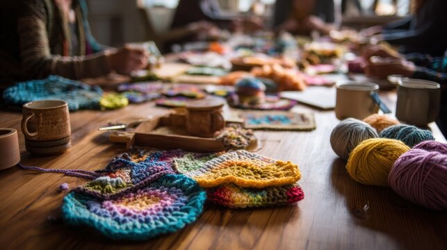 Cozy knitting workshop with colorful yarn and crochet projects on wooden table,national crochet month