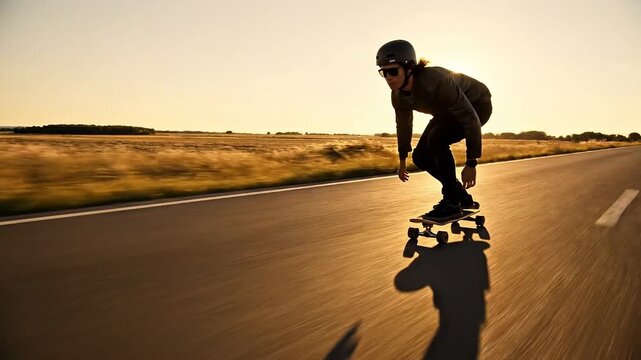 Skateboarder longboarding fast on empty rural road at sunset, cinematic action sports lifestyle outdoor motion