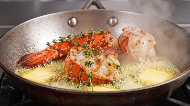 Sizzling lobster tails being expertly seared in a hot pan with melting golden butter and fresh aromatic herbs, creating a delicious culinary experience