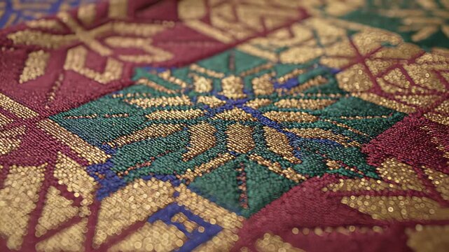 Close up of richly detailed fabric with geometric patterns in deep red emerald green and gold metallic threads showcasing intricate craftsmanship and luxurious texture with soft lighting highlighting