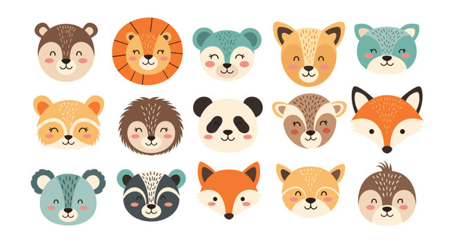 Collection of fifteen adorable cartoon animal faces including lion bear panda fox and deer for baby and kids design projects.