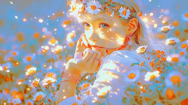 花畑に佇む花冠の少女のアニメ風イラスト