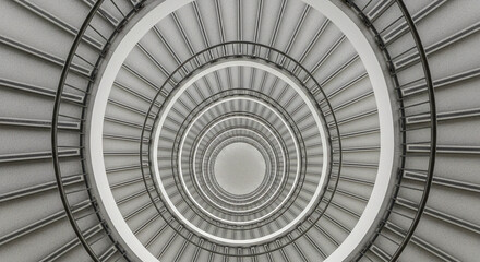 Naklejka premium 'Spiraling Architectural Symmetry: A Monochrome View of Nested Circular Staircases Creating Depth and Perspective'