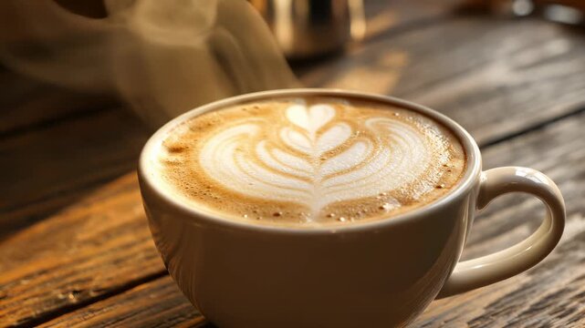 Freshly brewed coffee with latte art on wooden table. Steam rises from cup creating warm atmosphere. Perfect drink for coffee lovers and relaxation moments.