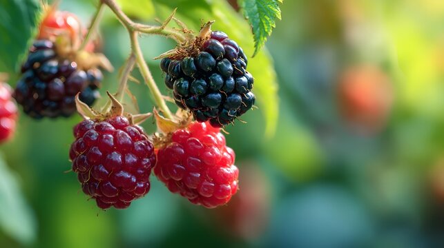 Close-up of Ripe Blackberries and Raspberries Growing on a Bush.