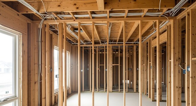 Exposed wooden framing of an unfinished interior with pipes and wiring during construction viewed from the side