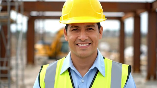 Construction site worker wearing safety gear in front of steel framework