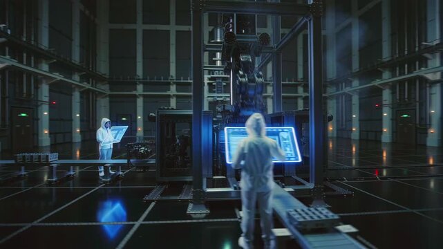 Expert oversees digital controls of robotic production and logistics, Technician orchestrates touchscreen interface managing robotic assembly and material flow within advanced industrial facilities