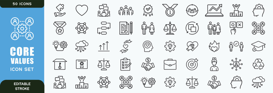Core Values Icon Set &ndash; Professional Line Art Symbols for Corporate Culture, Business Ethics, and Organizational Principles