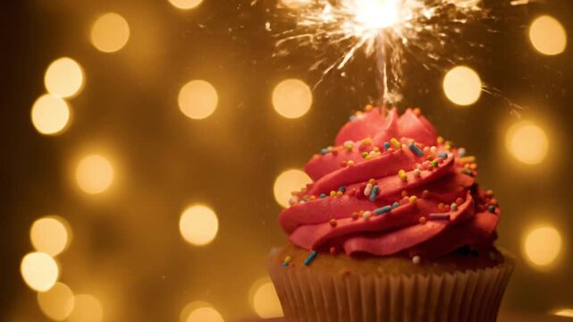 Cupcake with pink frosting and sparkler against warm festive lights