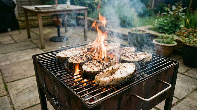Atlantic Cod Steaks Sizzling on a Barbecue Grill With Flames and Smoke