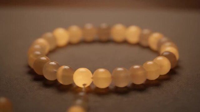 Close-up of a beautiful amber beaded bracelet on a dark background.