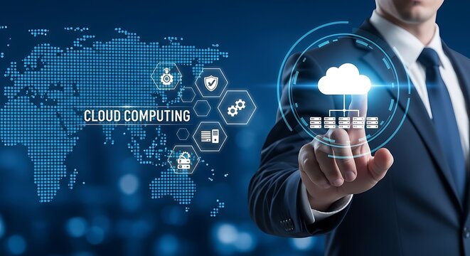 Global cloud computing solutions presented by a businessman, illustrating advanced data management, digital transformation, and secure network infrastructure