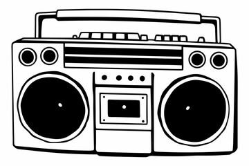 Hand-drawn vintage boombox illustration in black and white.