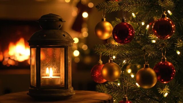 Cozy Christmas scene with lantern, fireplace, and decorated tree