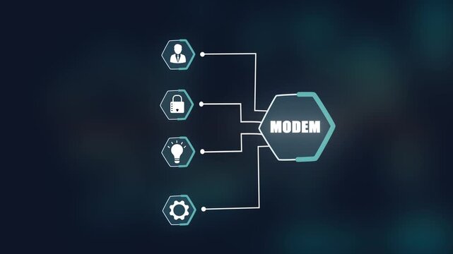 Digital modem connection technology, secure internet communication system, business network infrastructure, global data transfer concept.