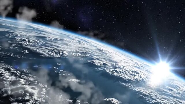 The upper frame transitions into deep indigo space, while thick cloud formations glow softly below.