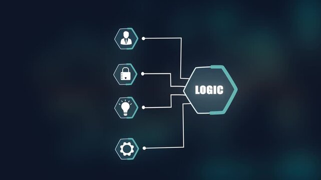 Digital logic processing and analytical thinking concept, technology network with business icons, abstract infographic for systematic data flow.