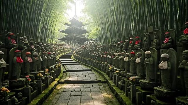 Serene row of traditional Jizo statues, peaceful green bamboo forest, stone path leading to a temple, spiritual Japanese landscape.