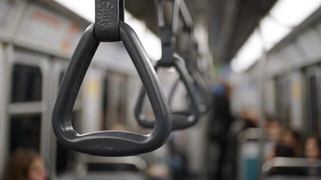 Subway train interior with hanging hand grips and blurred passengers
