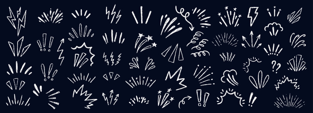 Hand-drawn comic effect lines and movement arrows. Cartoon expression elements with manga-style emphasis marks, stars, and dynamic motion