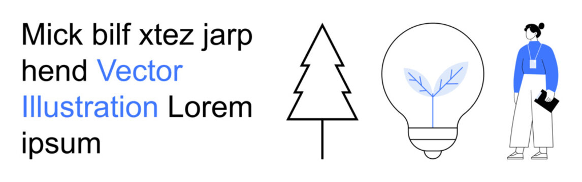 Sustainability, innovation, eco-conscious design, renewable energy, modern workplace, creativity. Minimalist tree, light bulb with leaf and woman holding notes. Sustainability and innovation