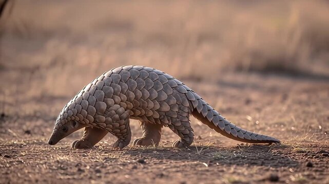 Rare pangolin walking on dry ground in natural habitat highlighting endangered wildlife and unique scaled mammal species
