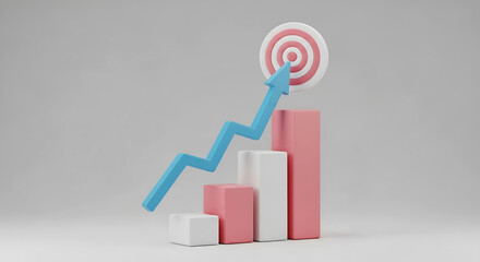 A 3D bar graph with a blue arrow hitting a target on a gray background with pink and white bars