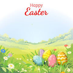 Happy Easter square vector illustration with colorful painted eggs in green grass on spring landscape background with flowers and copy space for text.
