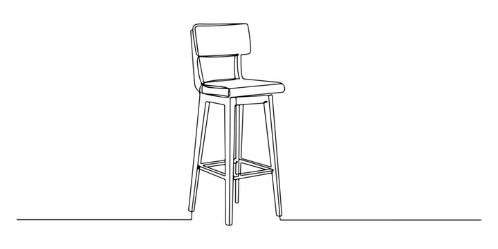 Continuous one line of a tall kitchen stools with thin backrests, depicting a bar atmosphere in the interior of the house, drawn illustration.