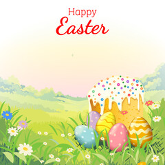 Happy Easter square vector illustration with colorful painted eggs and traditional cake in spring garden with flowers and copy space for text.