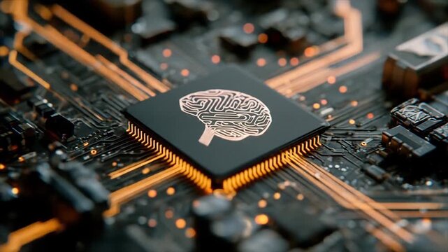 Artificial intelligence concept with processor and brain symbol close up