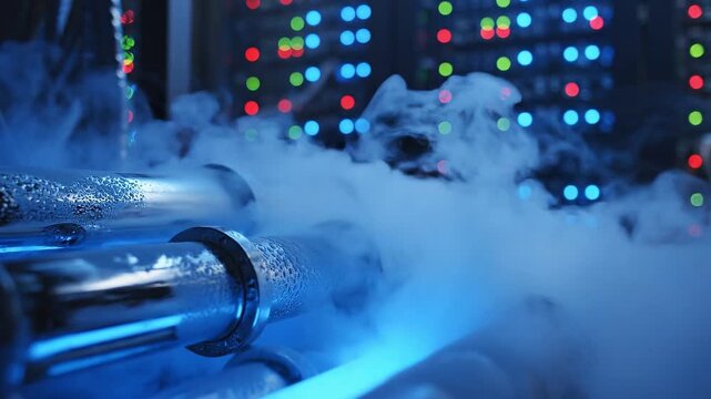 digital transformation automation ecosystem concept. Data center servers with cooling fog and colorful status indicator lights.