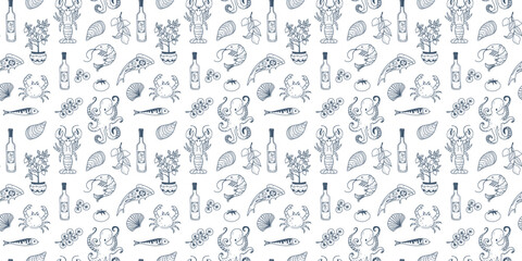 Fototapeta premium Seamless Mediterranean pattern with lobster, mussels, sardines and coastal food illustrations inspired by Italian cuisine.