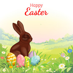 Happy Easter square vector illustration with chocolate bunny and colorful painted eggs in spring garden grass with flowers and copy space for text.