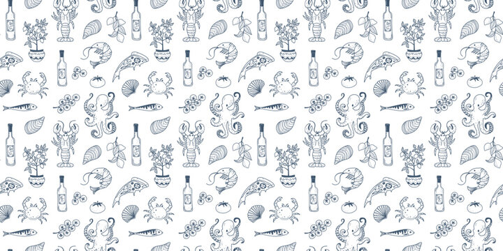 Seamless Mediterranean pattern with lobster, mussels, sardines and coastal food illustrations inspired by Italian cuisine.