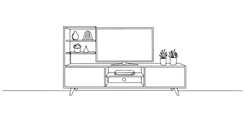 Fototapeta premium Continuous one line of a low TV cabinet with open shelves, depicting functional living room furniture, drawn illustration.